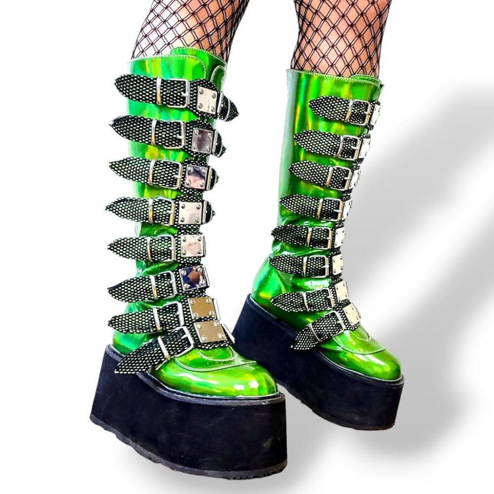 Sold-Demonia acid green glow in the dark mega platform knee-high boots size 7 US - Picture 1 of 10